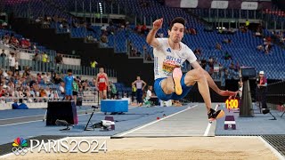 Greeces Miltiadis Tentoglou DEFENDS mens long jump gold medal at Paris Olympics  NBC Sports [upl. by Jobi]