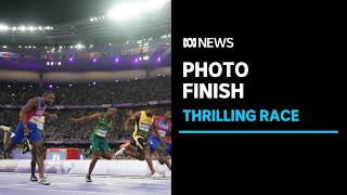 Thrilling photo finish to mens 100m sprint amp Aussies win silver and bronze in high jump  ABC News [upl. by Einnos877]