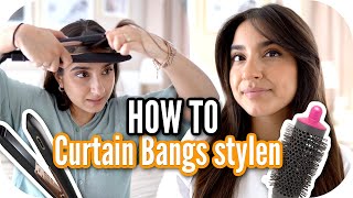 HOW TO CURTAIN BANGS MIT GLÄTTEISEN UND RUNDBÜRSTE STYLEN 😍❤️  Sanny Kaur [upl. by Dorr]