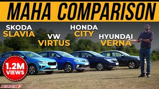 Hyundai Verna vs Honda City vs Skoda Slavia vs VW Virtus  MAHA COMPARISON [upl. by Cudlip501]