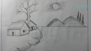 Beautiful village with mountain drawing pahar o gramer drisso drawing Drawing for beginners [upl. by Eivlys]