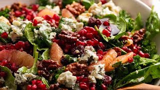 Pomegranate Salad  with Spinach marinated kale honey candied walnuts and blue cheese [upl. by Nashbar]