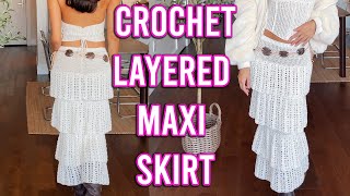 Crochet Tiered Skirt  DIY Layered Skirt Tutorial  ALL SIZES  Crochet Shell Maxi Skirt  Flowy [upl. by Aicelet]