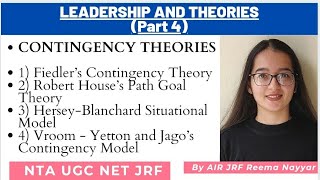 Leadership amp Theories 4  CONTINGENCY THEORIES of Leadership NTA UGC NET By AIR JRF Reema Nayyar [upl. by Neehar]