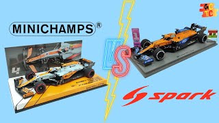 Spark vs Minichamps  F1 143 model comparison Mclaren MCL35M 2021 Lando Norris  Daniel Ricciardo [upl. by Innus400]