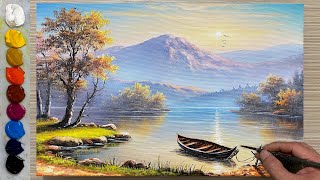 Techniques for painting a sunrise landscape  There is a boat parked on the lake  Acrylic painting [upl. by Corry]