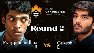 Round 2  Praggnanandhaa R  Gukesh D  FIDE Candidates 2024 [upl. by Sedinoel25]