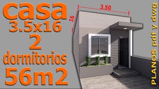 Casa de 56 m2 Plano de vivienda con 2 dormitorios 1 baño sala comedor cocina 35x16 m [upl. by Hctim]