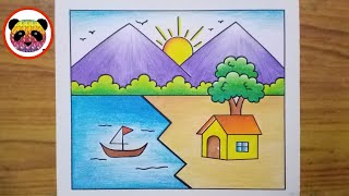 Scenery Drawing  Simple Landscape Scenery Drawing  How to Draw Beautiful Landscape Scenery [upl. by Ytsihc778]