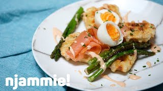 Aardappelwafeltjes met zalm en asperges Recept  njammie [upl. by Ketchan391]