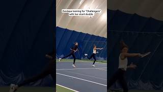 Zendaya training for quotChallengersquot with her stunt double tennis movie [upl. by Selbbep]