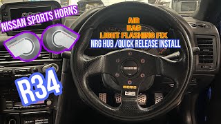 Installing R34 GTT NRG hub  momo steering wheel  Nissan Sports Horns flashing airbag light fix [upl. by Ellingston]