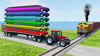 Double Flatbed Trailer Truck vs Speedbumps Train vs Cars  Tractor vs Train BeamngDrive 050 [upl. by Oirevlis]