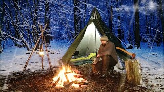 Winter Snow Camping  Hot Tent Overnighter with SpitRoast Beef [upl. by Yretsym]