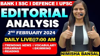 Editorial Analysis  2nd February 2024  Vocab Grammar Reading Skimming  Nimisha Bansal [upl. by Sadler]