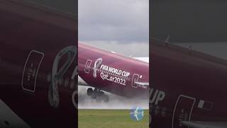 Qatar Airways 777 World Cup 2022 Livery WET Takeoff [upl. by Ainitsirk]