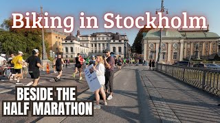 Biking in Stockholm beside the Half Marathon race Cykla i Stockholm [upl. by Dominic]