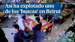 El momento en que uno de los buscas usados por Hizbulá explota en un mercado de Beirut [upl. by Ahtennek]