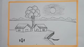 How to draw simple village scenery for kids  kids scenery drawing with pencil [upl. by Chafee]