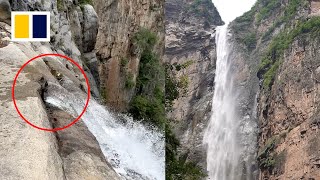 Tourist discovers waterfall in China supplied through pipes [upl. by Leotie]