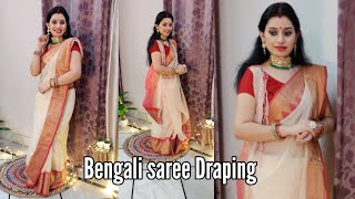 Traditional Bengali Saree Draping Tutorial for Durga Puja  Drape in 5 minutes [upl. by Pressman]