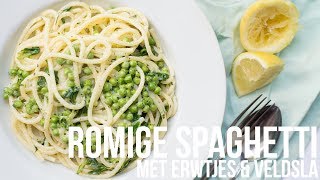 RECEPT Romige spaghetti met erwtjes en veldsla  OhMyFoodness [upl. by Airdnek]