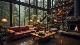 Relaxing Jazz Instrumental Music For Stress Relief  Cozy Living Room Inside Forest on Rainy Day 🌧️ [upl. by Bohner584]