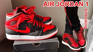 Nikes Jordan Air 1 Mid quotAlternate Bredquot Unboxing and on Feet [upl. by Rochester890]