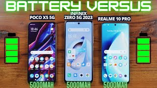 VERSUS BATTERY Infinix Zero 5G 2023 vs Poco X5 5G vs Realme 10 Pro Indonesia Siapa Paling BADAK [upl. by Esylle]