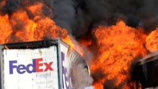 Witness FedEx truck on fire before hitting bus full of students [upl. by Leira379]