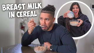 BREAST MILK IN CEREAL PRANK ON HUSBAND HILARIOUS [upl. by Tabor]