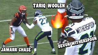 Ja’Marr Chase Vs Devon Witherspoon amp Tariq Woolen 🔥 WR Vs CB Seahawks Vs Bengals 2023 highlights [upl. by Shepley]