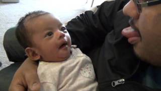 1 month old baby copies dad making face mimic and laughing [upl. by Erdnael]