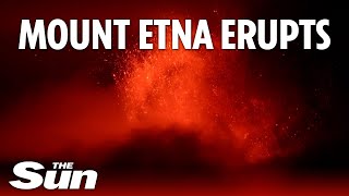 Mount Etna erupts in red hot explosion at night [upl. by Townsend]