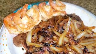 Surf amp Turf Dinner Steak Shrimp Baked Potato amp Fresh Salad steakcooking ribeyesteak cooking [upl. by Sumahs]