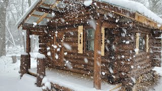 Cozy solo overnight and a snowy and cold off grid log cabin No talking  Bush craft [upl. by Wardieu]