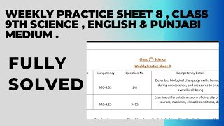 Weekly Practice sheet 8  Class 9th Science punjabi amp English medium [upl. by Nohsad]