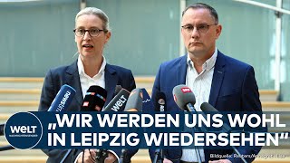 AFD BLEIBT VERDACHTSFALL Parteichefs Alice Weidel und Tino Chrupalla äußern sich zum Urteil [upl. by Aisorbma]