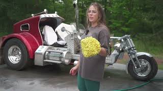 CAR WASH WITH ME Custom Built Diesel Trike w Kenworth hood 3208 CAT twin turbo [upl. by Koerner]