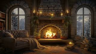 Winter Cozy Room in Snowy day ❄️ Fireplace Sounds in Cozy Cabin 🔥 Gentle Jazz for Relax amp Sleep [upl. by Verene]