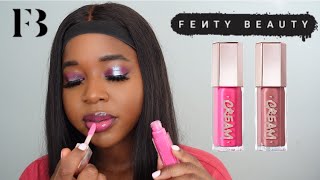 NEW FENTY BEAUTY DOUBLE TAKE GLOSS BOMB CREAM DUO REVIEW amp SWATCHES ON DARK SKIN [upl. by Lita422]