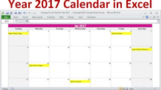 Year 2017 Calendar in Excel  Full Year 2017 Calendar  2017 Monthly Calendars  Holidays  Birthday [upl. by Siul]