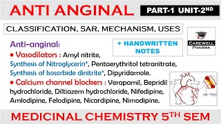 Anti anginal drugs complete  Chapter 1 Unit 2  medicinal chemistry 5th semester  Carewell [upl. by Acinod]