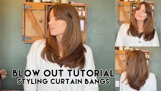 At Home Blow Out Tutorial Styling Curtain Bangs and 90s Layers  Kendra Atkins [upl. by Berkley672]