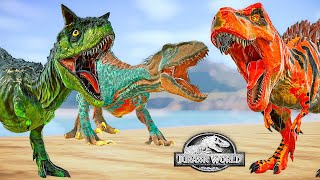 Indoraptor VS TREX Max Level 40 VS Mad Carnotaurus 🦖 Jurassic World Evolution Dinosaurs Fighting [upl. by Terryl4]