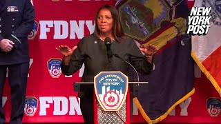 NY AG Letitia James met with chorus of boos ‘Trump’ chants during FDNY ceremony speech [upl. by Akimahs]