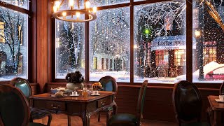 Snow Night on Window at Coffee Shop Ambience with Relaxing Smooth Jazz Music and Snow Falling [upl. by Elwira567]