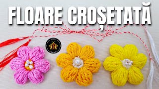 Cum crosetam floare  potrivit ca martisor brosa sau pentru a decora alte proiecte [upl. by Anivlek938]