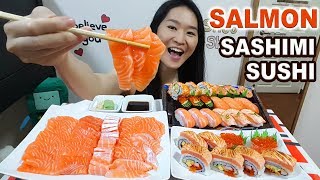 SALMON SUSHI amp SASHIMI Salmon Belly Salmon Nigiri California Maki Roll  Eating Show Mukbang ASMR [upl. by Nodaj697]