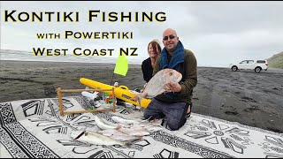 Kontiki Fishing New Zealands West Coast Karioitahi Beach  Powertiki Autopilot Electric Kontiki [upl. by Nitsruk]